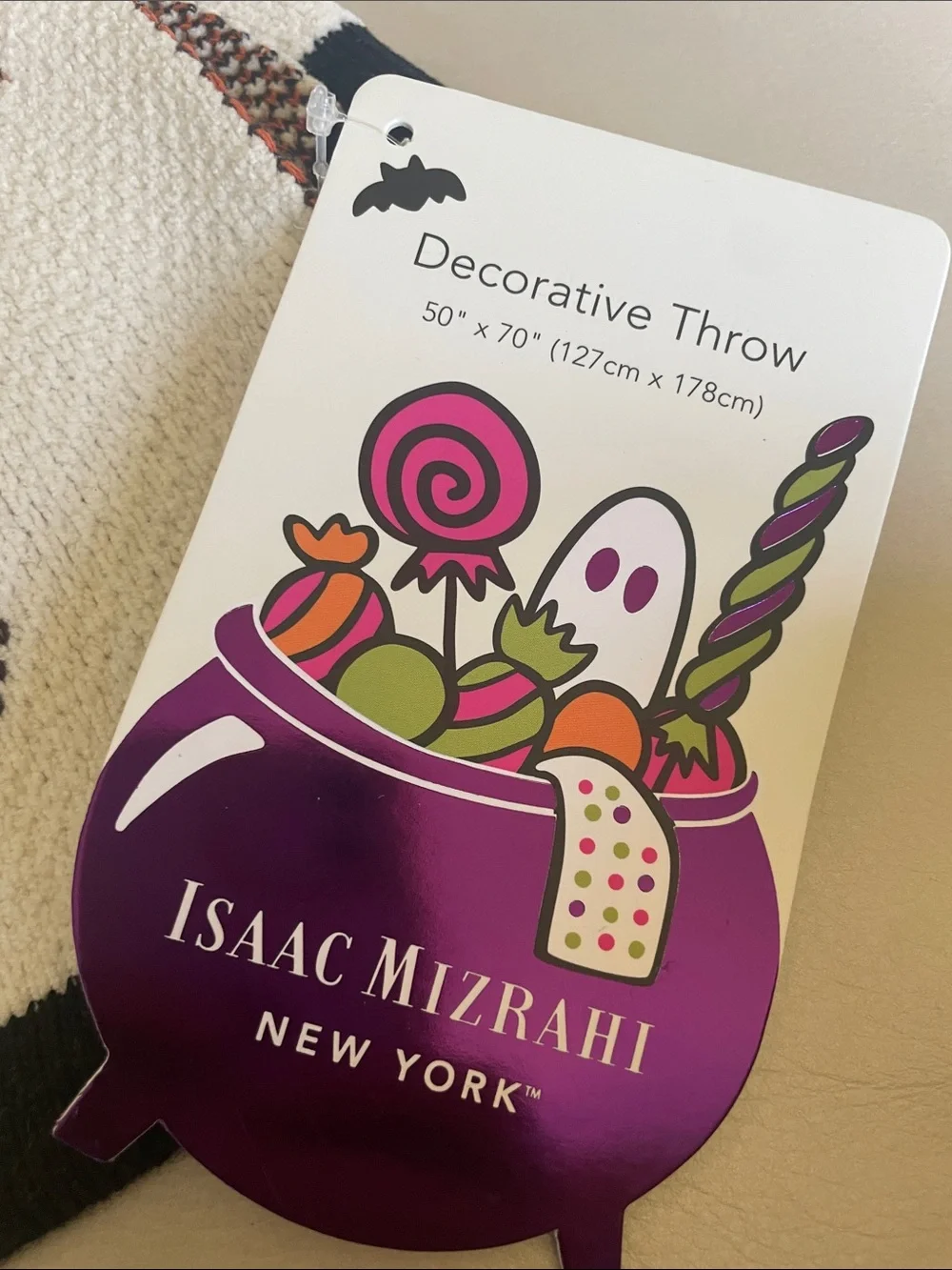 Isaac Mizrahi Cream Knit Throw with Halloween Dachshund Motif